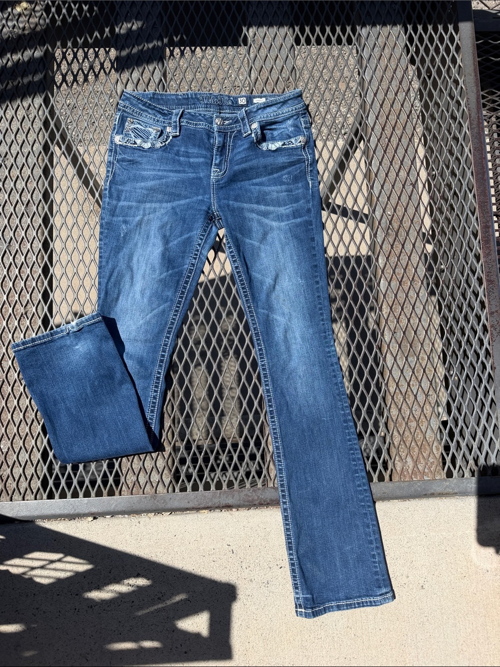 Miss Me Dark Blue Flare Jeans with Embellished Pockets